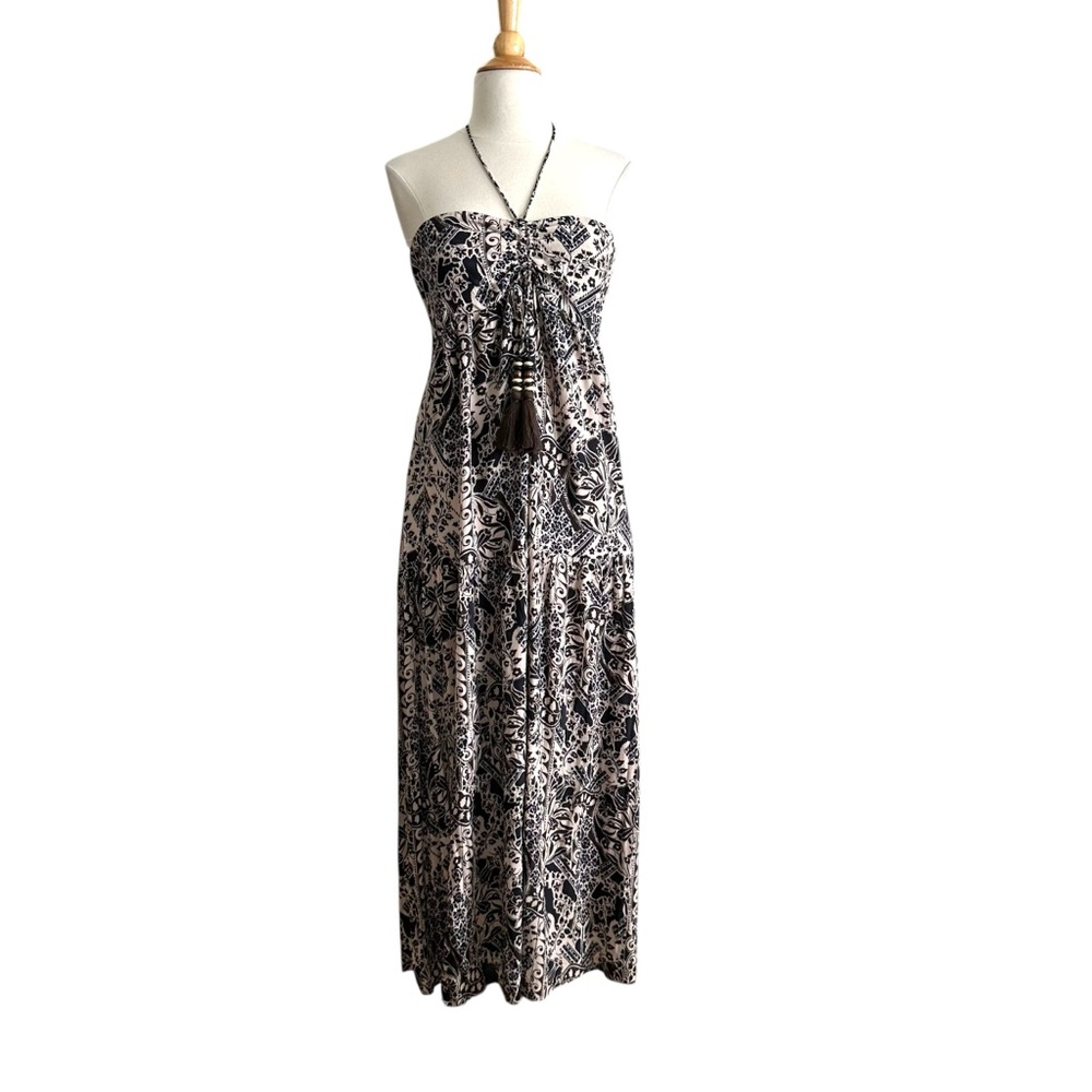 VICI Boho Halter Maxi‎ Dress Babydoll Black Cream Floral Resort Wear Beachy S - Picture 4 of 16